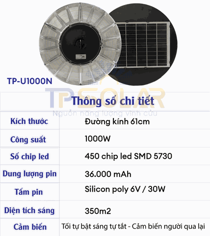 [1000W] Đèn UFO Năng Lượng Mặt Trời TP Solar TP-U1000N Chiếu Sáng 360 Độ